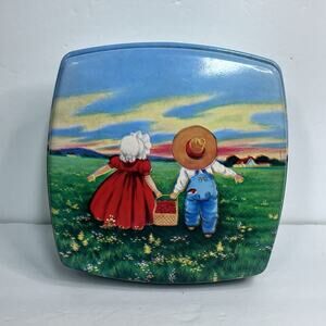 vintage mid west boy and girl farm sunset scene fruit picking plastic square box
